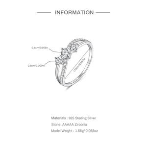 Detailed size and material specs for the S925 sterling silver heart ring with zirconia