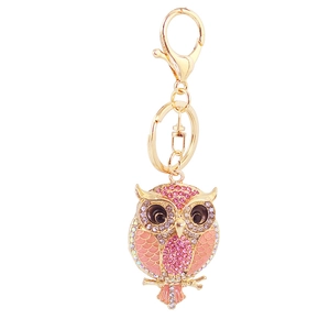 Cute colorful owl keychain with pink rhinestones and enamel gold lobster clasp