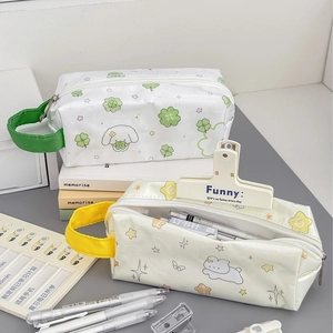 Cute waterproof PVC pencil cases with cartoon dog and bear patterns, large capacity with handle