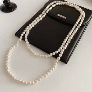 Long Artificial Pearl Necklace For Women French Retro Layered Glass Artificial Pearl Sweater Chain Copper Elegant Jewelry Accessory