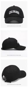 Detail of Colorado letter embroidery on cotton baseball cap with adjustable metal buckle