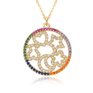 Detailed view of gold necklace pendant with rainbow gemstones, moon and star charms
