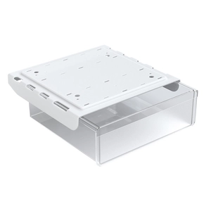 Minimalist white under-desk storage box with clear drawer for office desk organization