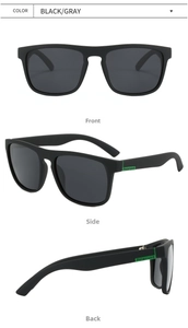 Three-view detail of polarized sunglasses showing front, side, and back in matte black