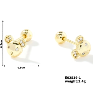 Detail showing dimensions of gold bear stud earrings with zircon inlay for women