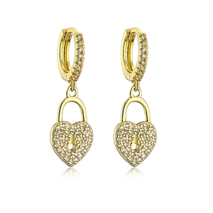 Exquisite 18K gold plated heart lock earrings with pavé set cubic zirconia on white background