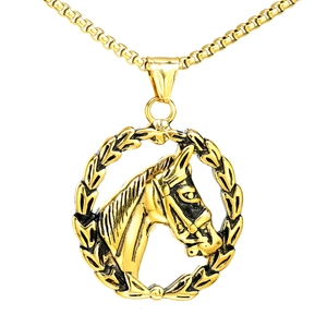 Vintage stainless steel gold horse head pendant necklace with laurel wreath and box chain