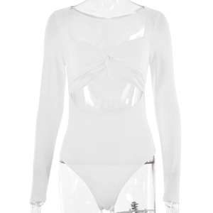 Body blanc à manches longues avec nœud torsadé et découpes sexy à la taille