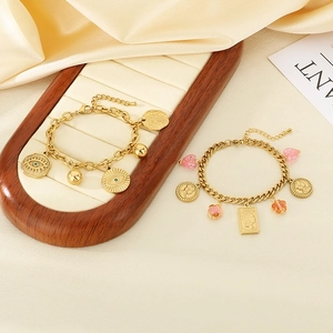 Vintage gold stainless steel bracelets with evil eye and queen coin relief charms