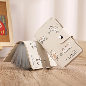 Cute beige PU leather cat card holder with multiple slots and button closure