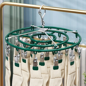 Green stainless steel round drying rack with anti-slip clips for socks and underwear