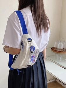 Large Capacity Canvas Waist Bag With Astronaut Pendant And Badges Korean Style Chest Crossbody Sporty Travel For Women
