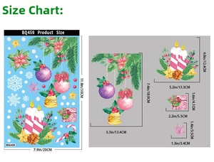 Detailed size specifications for Christmas window stickers with festive holiday ornaments