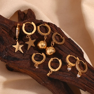 Elegant 18K gold-plated stainless steel star and heart hoop earrings with cubic zirconia