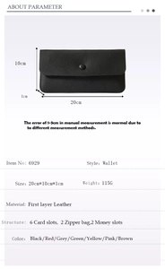 Detaillierte Maßtabelle für schwarze Lederbrieftasche im Umschlagformat mit Spezifikationen