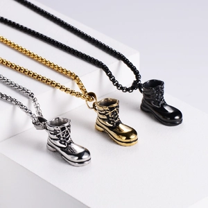 Hip hop sneaker boot pendant necklaces in silver, gold, and black stainless steel colors