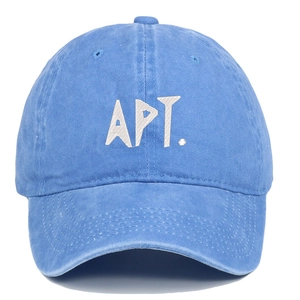 Washed light blue cotton baseball cap featuring white APT. letter embroidery on front