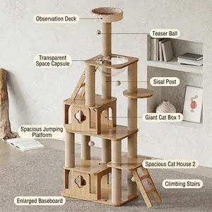 Large multi-level solid wood cat tree with space capsule, cat condos and sisal posts