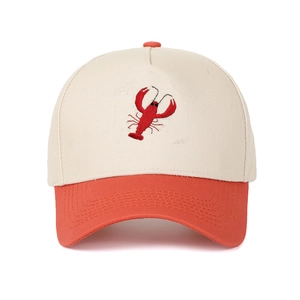Detailed lobster embroidery and contrast stitching on a cotton baseball cap