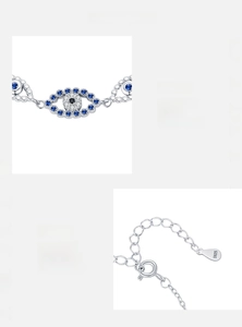 Macro detail of S925 sterling silver evil eye bracelet with inlaid blue cubic zirconia