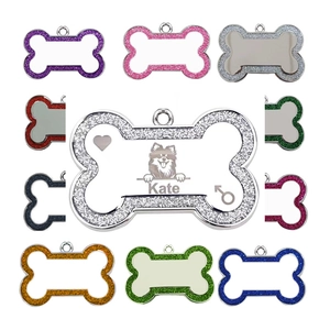 Custom bone shaped glitter dog tags in multiple colors with laser engraved name and icon