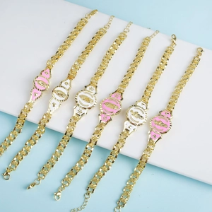 Religious Virgin Mary Guadalupe Pendant Bracelet 18K Gold Plated Copper Rose Flower Heart Link Enamel Jewelry For Women