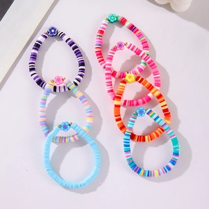 Bohemian multilayer colorful clay bead bracelet set with flower charms in rainbow colors