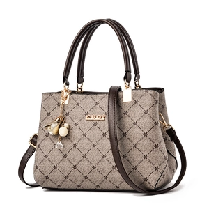 Fashionable grey-brown large tote bag with diamond pattern and tassel for women
