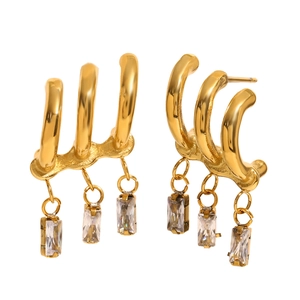 Polished 18K gold-plated stainless steel hoop earrings with hanging zircon tassels