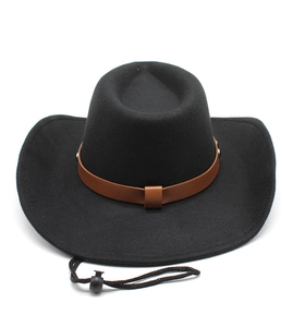 Close-up of black wool cowboy hat featuring a brown leather belt with metal studs