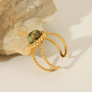 French retro gold beaded stainless steel ring with oval natural stone on mineral stone