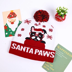 Close-up of knit Christmas hat with French Bulldog pattern and Santa Paws text detail