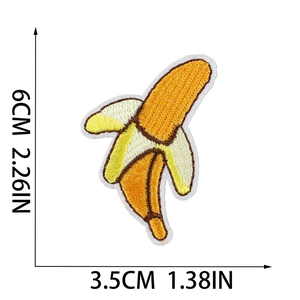 Cartoon banana fruit embroidery patch with size dimensions 6cm by 3.5cm on white backdrop