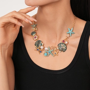 Thème Océan Étoile De Mer Coquillage Corail Collier Et Boucles D'oreilles Avec Tige En Argent Émail Strass Imitation Künstliche Perle Bijoux