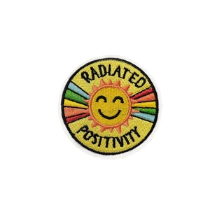 Round sun embroidery patch with colorful rays and Radiated Positivity slogan
