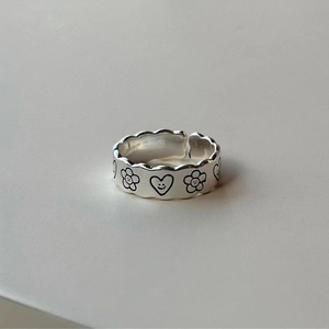 925 Sterling Silver Open Ring Heart Flower Smiley Pattern Wavy Edge Adjustable Simple Cute Jewelry For Women
