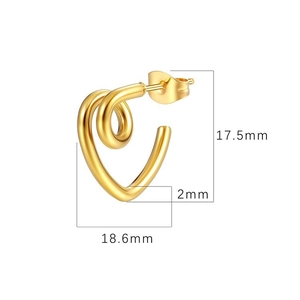 Polished 18K gold-plated stainless steel heart earrings with dimensions measurement