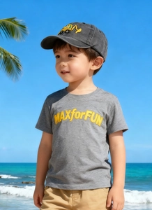 Kids grey t-shirt and khaki shorts set with embroidered excavator baseball cap