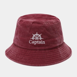 Vintage burgundy washed cotton bucket hat with Captain embroidery and nautical helm
