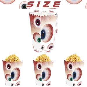 Size dimensions for big eye theme popcorn boxes with red eyeball prints for party decor