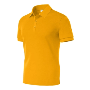 Detail of breathable honeycomb mesh fabric on a bright yellow short-sleeve polo shirt
