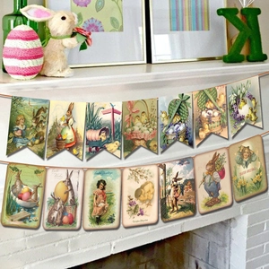 Detail of vintage Easter banner with rabbits and eggs hanging over a white fireplace