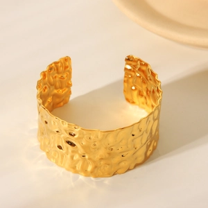 Hammered 18K gold-plated stainless steel wide open cuff bracelet for women