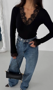 Close-up of black V-neck lace long sleeve top featuring intricate floral mesh details