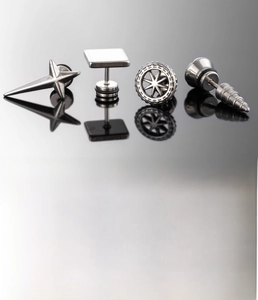 Detail view of 1.2x6mm stainless steel stud earrings in star, square and spike shapes
