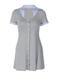 Gray button-down short sleeve dress with blue striped knit trim on white background