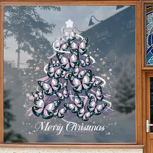 Christmas tree window sticker made of purple butterflies with Merry Christmas text