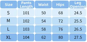 Maattabel voor yoga flare broeken met taille- en heupmaten voor de maten S t/m XL
