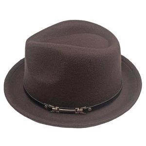 Detail view of dark coffee wool fedora hat featuring a black leather band and metal buckle
