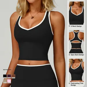 Brassière de sport col en V pour femme avec liseré contrasté et dos ajouré en 5 couleurs